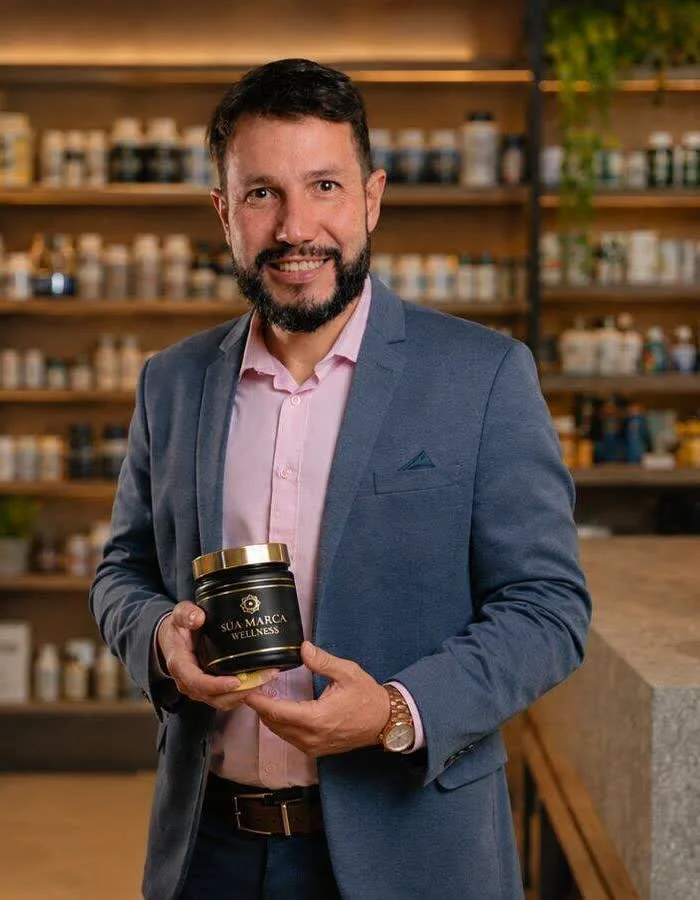 Thiago Rocha, presidente da SóVida, segurando um pote de suplemento da Sua Marca Wellness na loja do laboratório